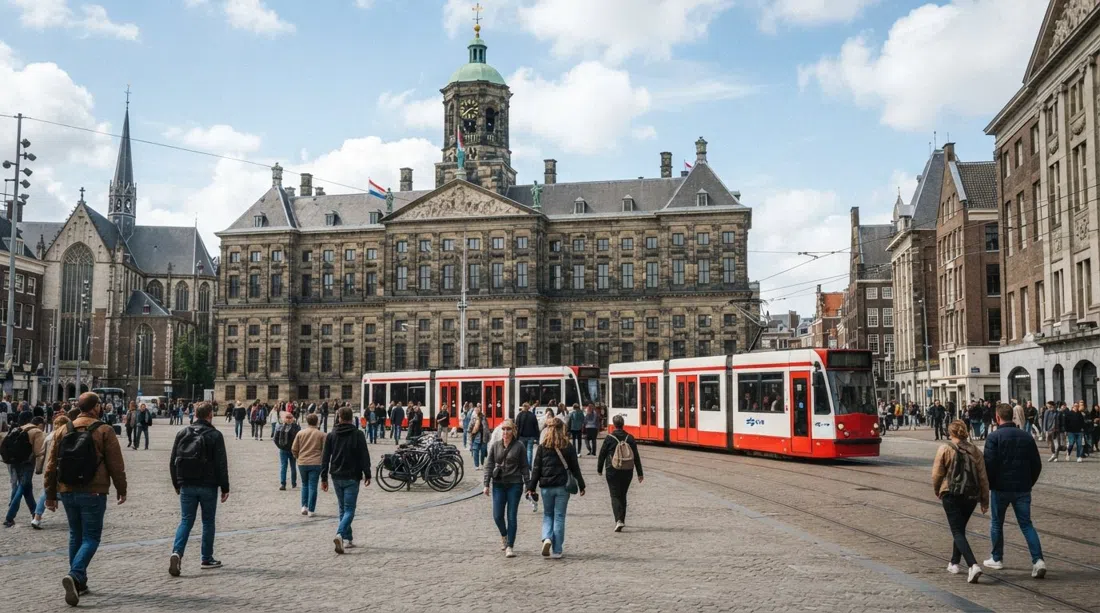 Place Dam à Amsterdam-Centrum avec le Palais royal faisant face à la Nieuwe Kerk, des trams et des piétons remplissant la place en pierre sous un ciel urbain lumineux