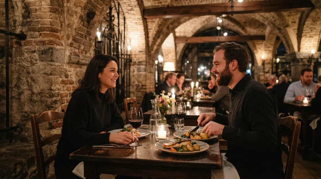 Une table aux chandelles à l'intérieur d'In de Waag sur le Nieuwmarkt, installée sous les arches en brique de la porte de 1488 avec des assiettes européennes modernes et une lumière jaune douce