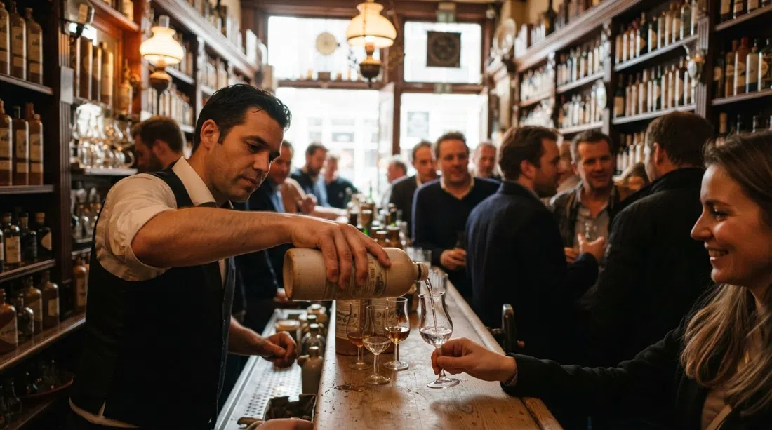 L'intérieur debout de Wynand Fockink près du Dam, avec des verres à genièvre en forme de tulipe, un barman versant jusqu'au ménisque et une lumière ambrée chaude
