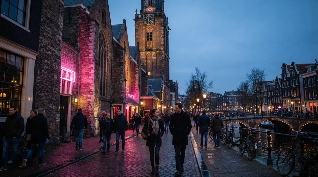 L'Oude Kerk dans De Wallen au crépuscule, brique médiévale éclairée par des néons roses des vitrines voisines, avec la vieille tour de l'église s'élevant au-dessus de la rue étroite