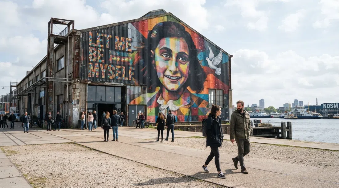 la fachada del Museo STRAAT en NDSM, con el enorme mural de Ana Frank de Eduardo Kobra cubriendo la fachada bajo un cielo brillante junto al IJ