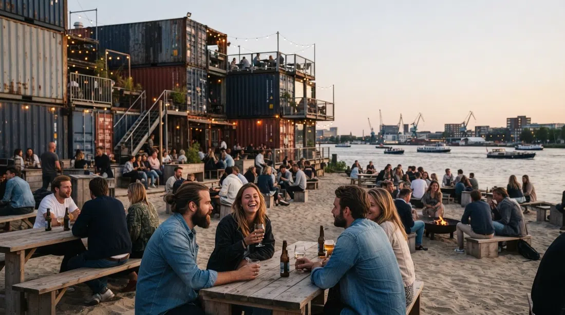 el restaurante de contenedores de Pllek y su playa artificial de arena en la orilla de NDSM, con gente sentada afuera junto al IJ con la luz suave del atardecer