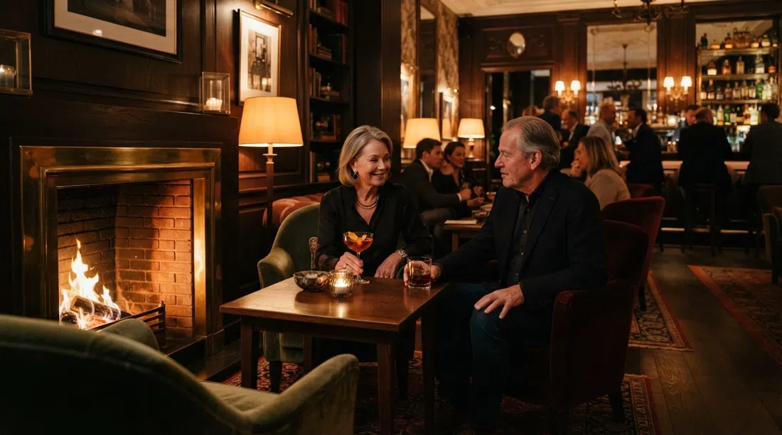 Pulitzer's Bar en Keizersgracht 234, salón de cócteles Art Decó con sillones junto a la chimenea, luz de lámpara cálida y una copa clásica sobre la mesa