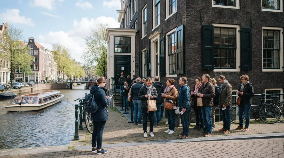 el exterior de la Casa de Ana Frank en Prinsengracht 263-267, visitantes reunidos tranquilamente afuera en una luminosa mañana de Ámsterdam