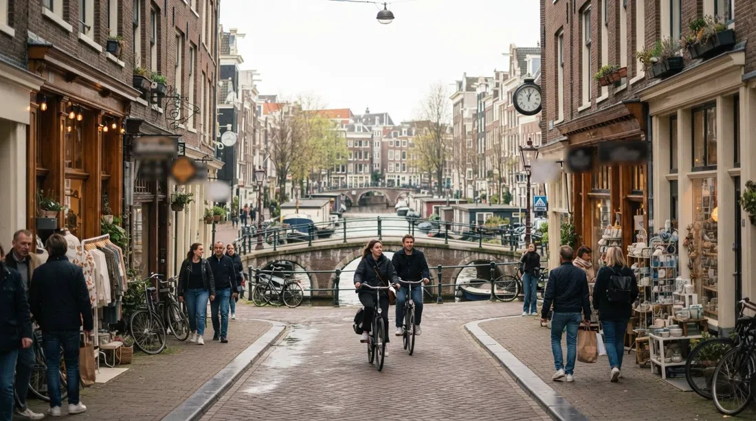 un estrecho callejón de las Nueve Calles con boutiques independientes, escaparates de tiendas vintage y ciclistas pasando entre puentes de canales con luz suave