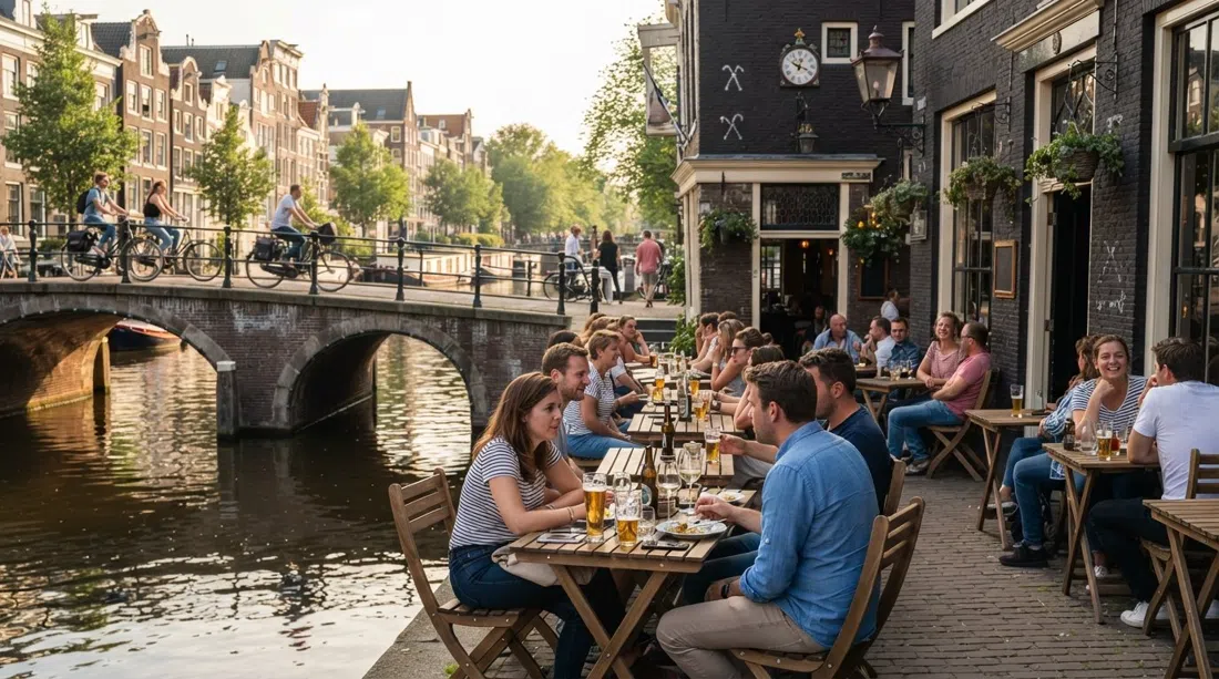 la terraza junto al canal de Café 't Smalle en Egelantiersgracht, mesas de madera junto al agua con luz de última hora de la tarde y bicicletas pasando