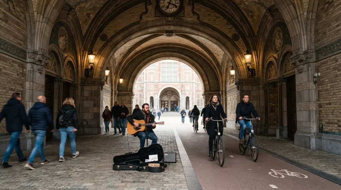 ciclistas y un músico callejero bajo el pasaje abovedado del Rijksmuseum, arcos alicatados amplificando la música en una escena diurna brillante