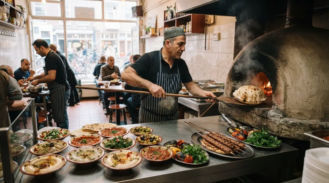 Nour en Javastraat en Ámsterdam-Oost, panes planos recién horneados siendo sacados del horno junto a mezze y adana kebab en el mostrador