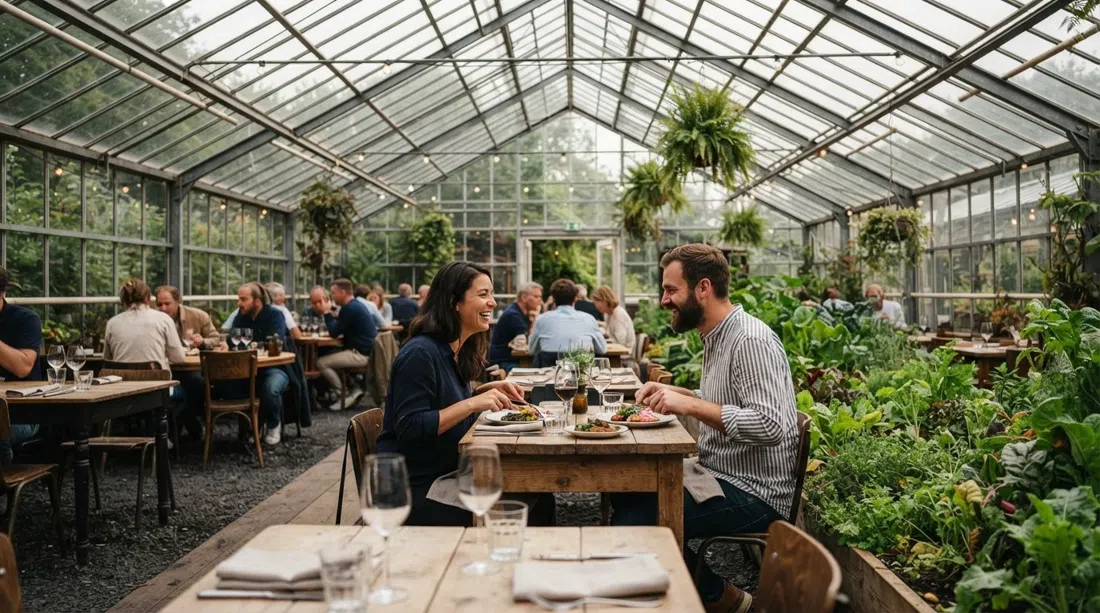 De Kas en Park Frankendael, el restaurante invernadero de 1926 bajo un techo de cristal de ocho metros con camas de plantas visibles junto al comedor