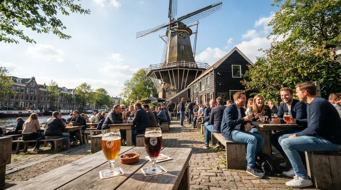 Terraza de Brouwerij 't IJ bajo el molino De Gooyer en una tarde soleada, copas de Zatte y Natte sobre mesas de madera junto a las aspas