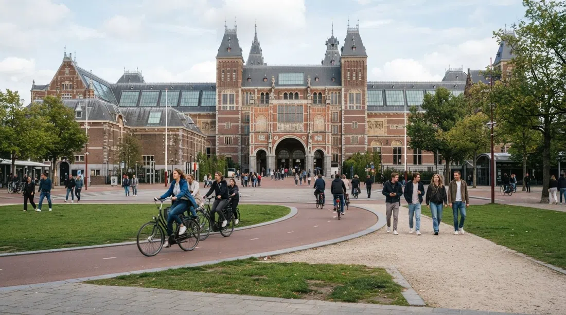 Museumplein en Ámsterdam-Zuid con los arcos de ladrillo del Rijksmuseum, ciclistas cruzando la plaza abierta y el césped del museo bajo una luz suave