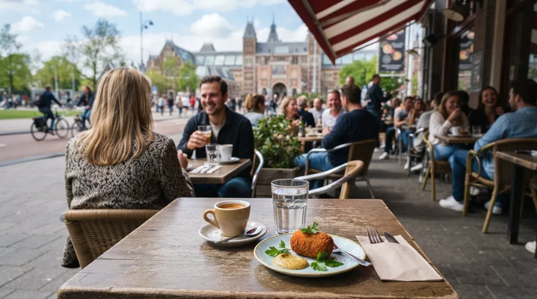 la terraza del Cobra Café que da a Museumplein en Hobbemastraat, con tazas de café y una croqueta de setas silvestres en primer plano