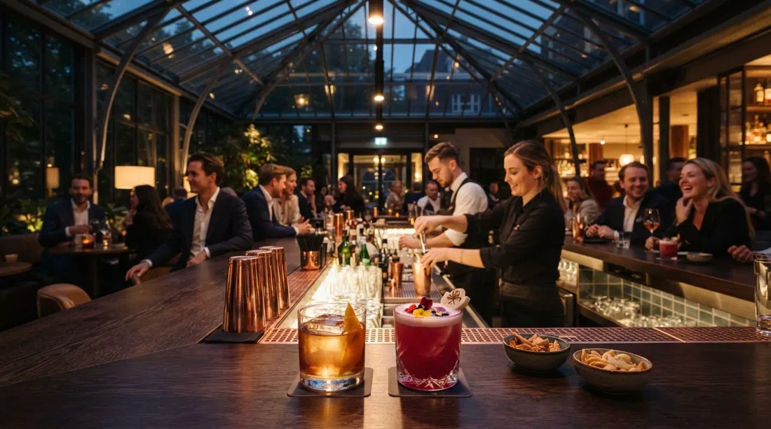 el Taiko Bar dentro del Conservatorium Hotel, con cócteles de inspiración tokiota brillando bajo luz cálida en un elegante espacio de antiguo invernadero