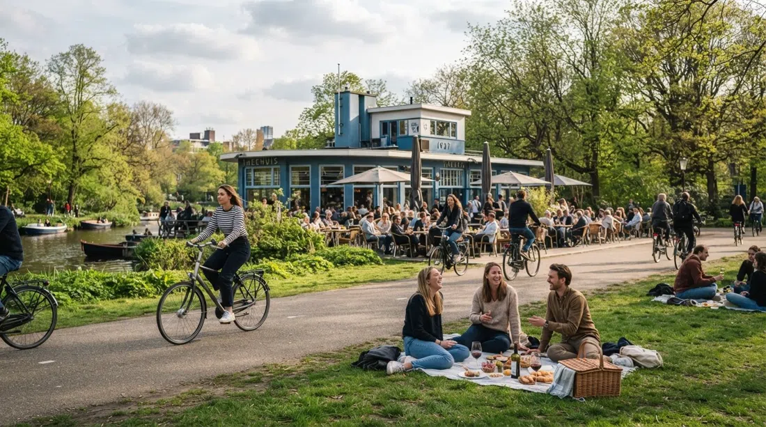ciclistas y bañistas en el Vondelpark cerca de 't Blauwe Theehuis, con el pabellón modernista y el verdor primaveral bajo la luz brillante de la tarde