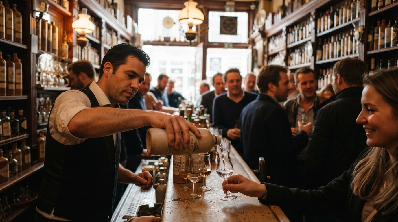Interior de barra de pie de Wynand Fockink cerca de la Dam, con copas tulipán de ginebra, un camarero sirviendo hasta el borde y cálida luz ámbar