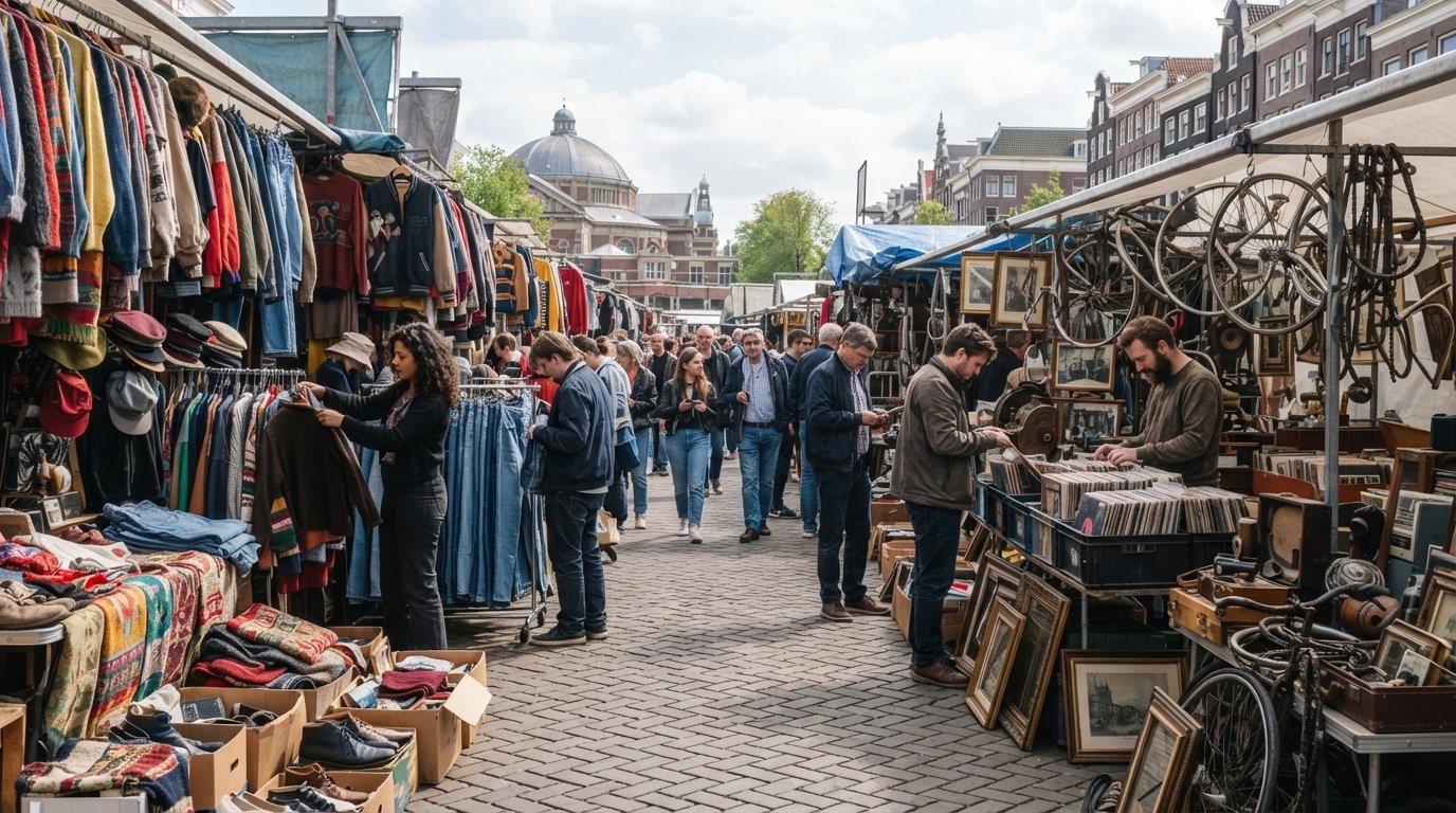 Mercado de pulgas de Waterlooplein con filas de ropa vintage, discos y piezas de bicicleta extendidas en puestos bajo la luz del día