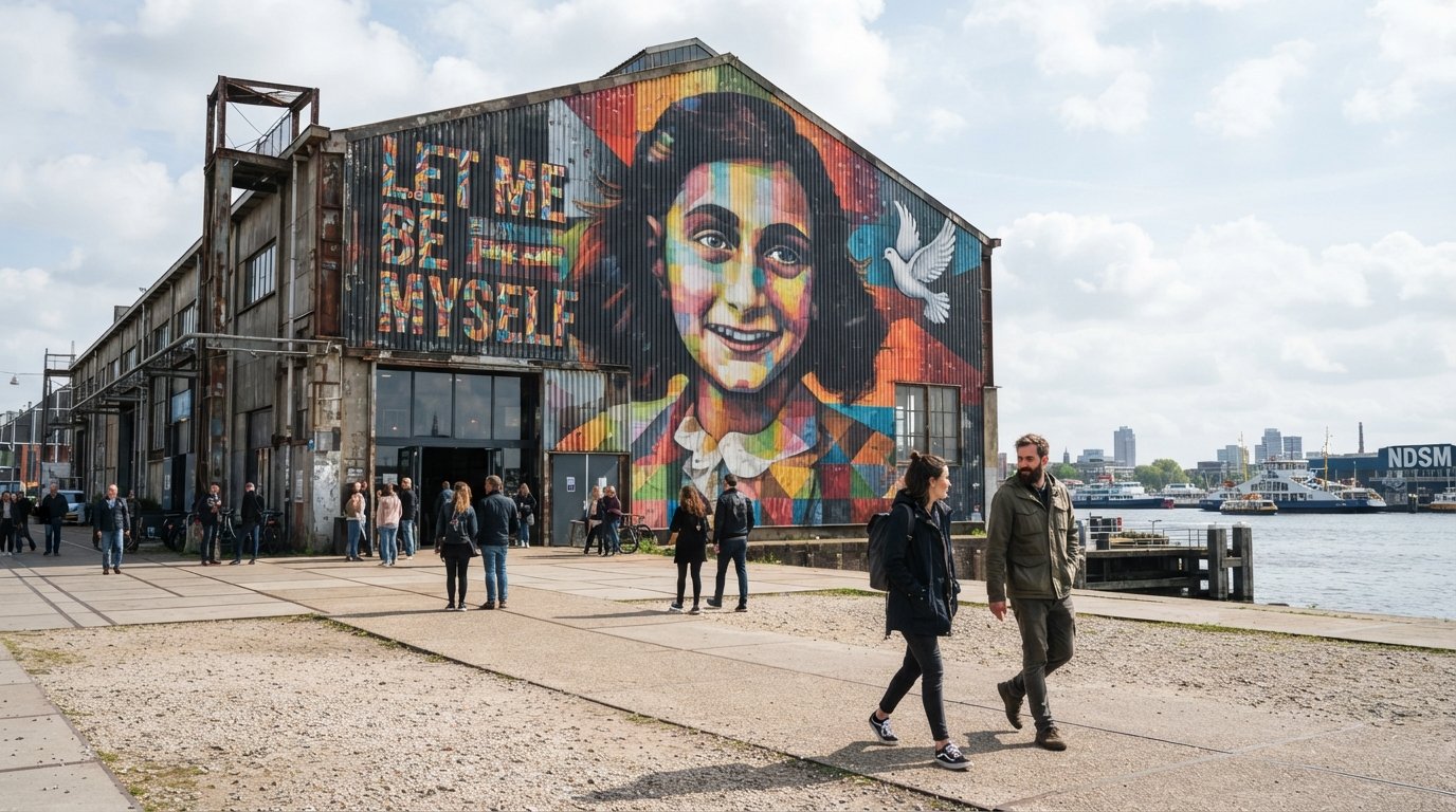 la fachada del Museo STRAAT en NDSM, con el enorme mural de Ana Frank de Eduardo Kobra cubriendo la fachada bajo un cielo brillante junto al IJ
