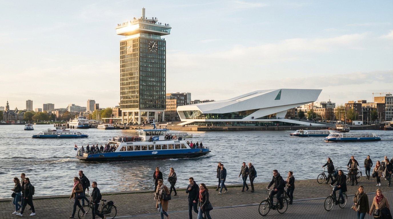 la Torre A'DAM y el EYE Filmmuseum frente al IJ al atardecer, con ferris cruzando delante y la terraza de la torre recibiendo la luz