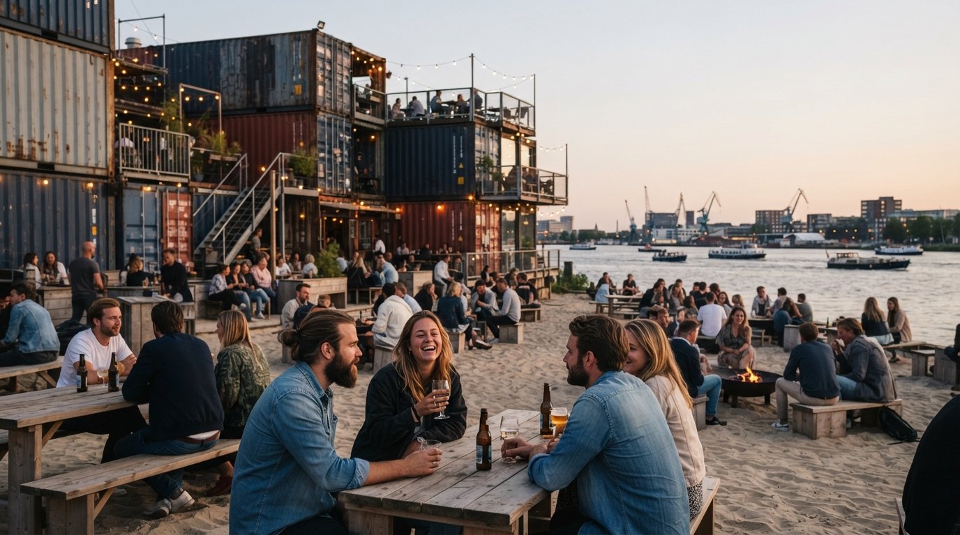 el restaurante de contenedores de Pllek y su playa artificial de arena en la orilla de NDSM, con gente sentada afuera junto al IJ con la luz suave del atardecer