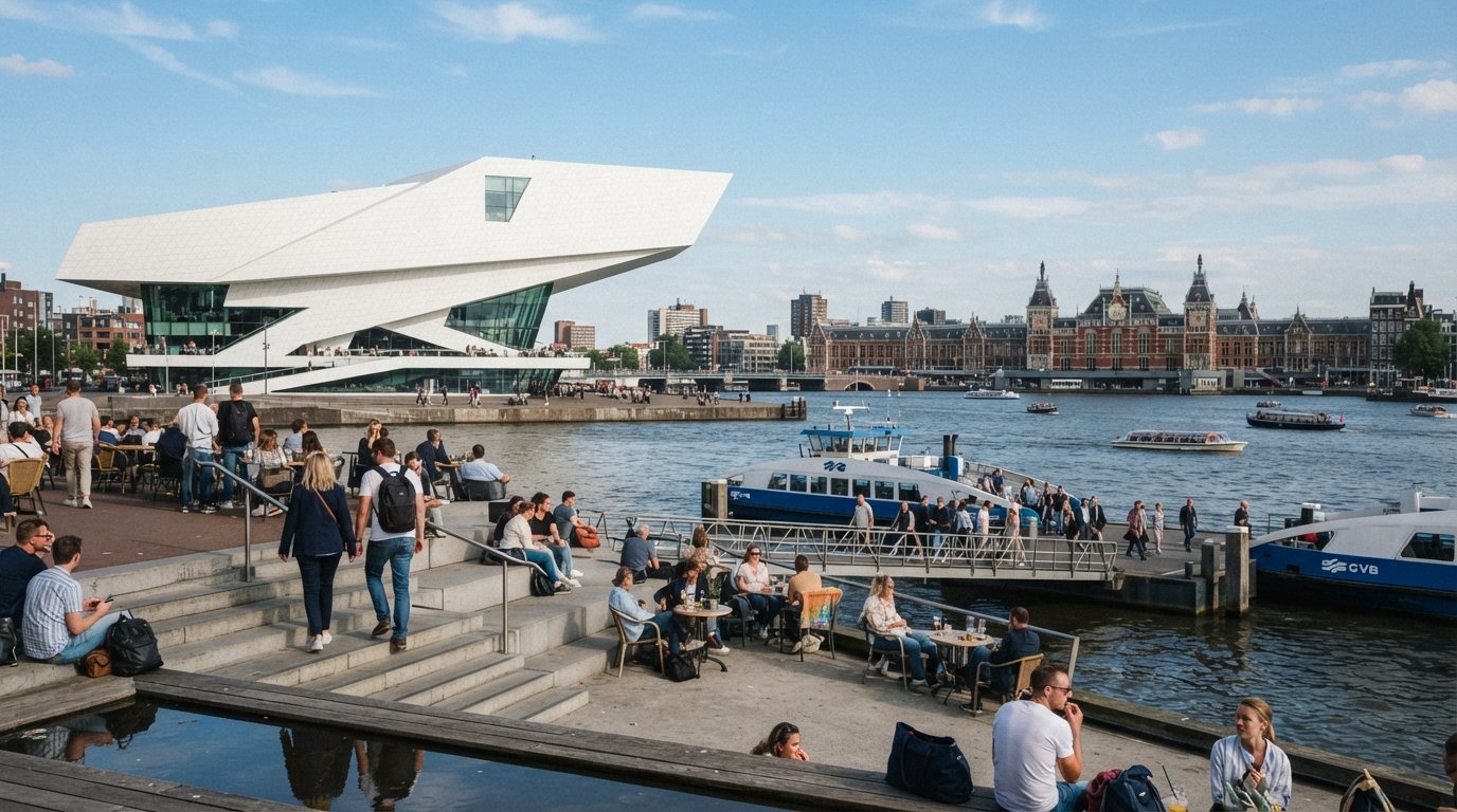el blanco y angular EYE Filmmuseum en el IJ, visto desde el lado del ferry con la cafetería escalonada junto al agua y Centraal al otro lado