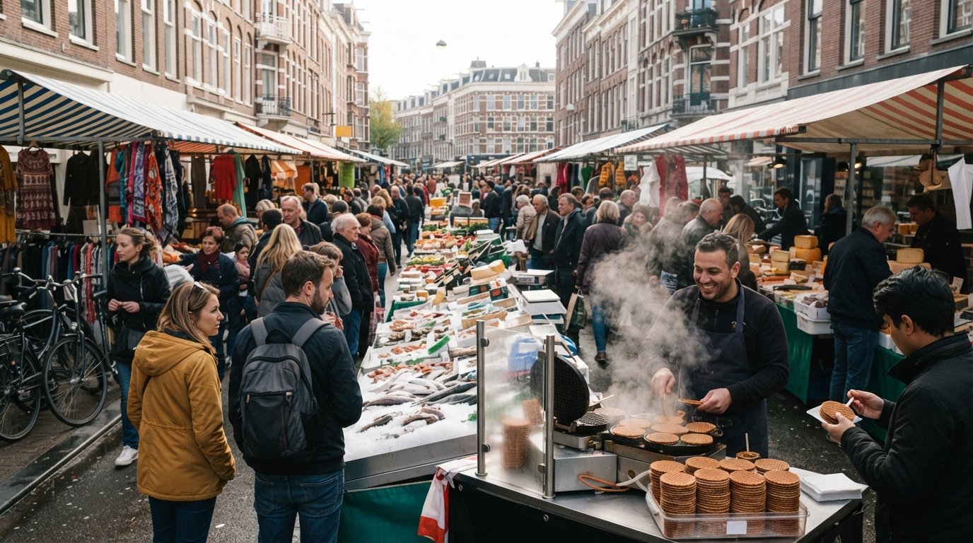 der Albert-Cuyp-Markt in De Pijp an einem geschäftigen Wochentagmorgen, Stände dicht an dicht entlang der Albert Cuypstraat mit Stroopwafel-Dampf und Fischkarren im Vordergrund