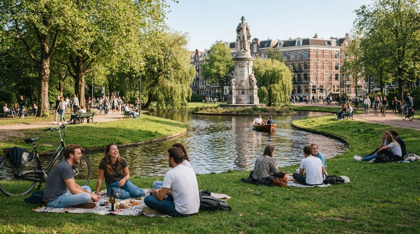 Der Sarphatipark in De Pijp an einem sonnigen Nachmittag, Picknicker auf dem Gras neben Teichen und dem Samuel-Sarphati-Denkmal
