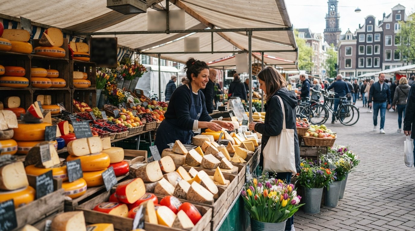 un puesto de productos y queso en el Albert Cuyp Market con cuñas de queso holandés, fruta y flores apiladas bajo los toldos del mercado