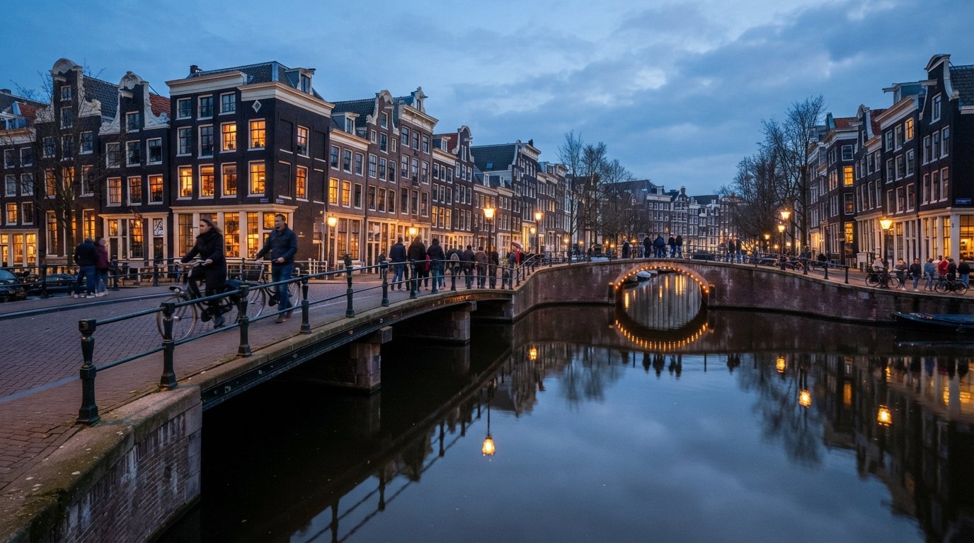 el Herengracht y sus inclinadas casas de canal del siglo XVII reflejadas en el agua tranquila al anochecer, un puente iluminado en primer plano