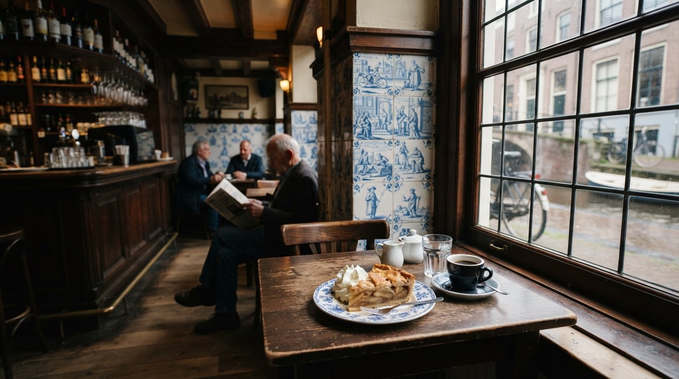 el interior de madera oscura de Cafe 't Papeneiland con azulejos de Delft, una porción de tarta de manzana en un plato y café en una mesa pequeña junto a la ventana