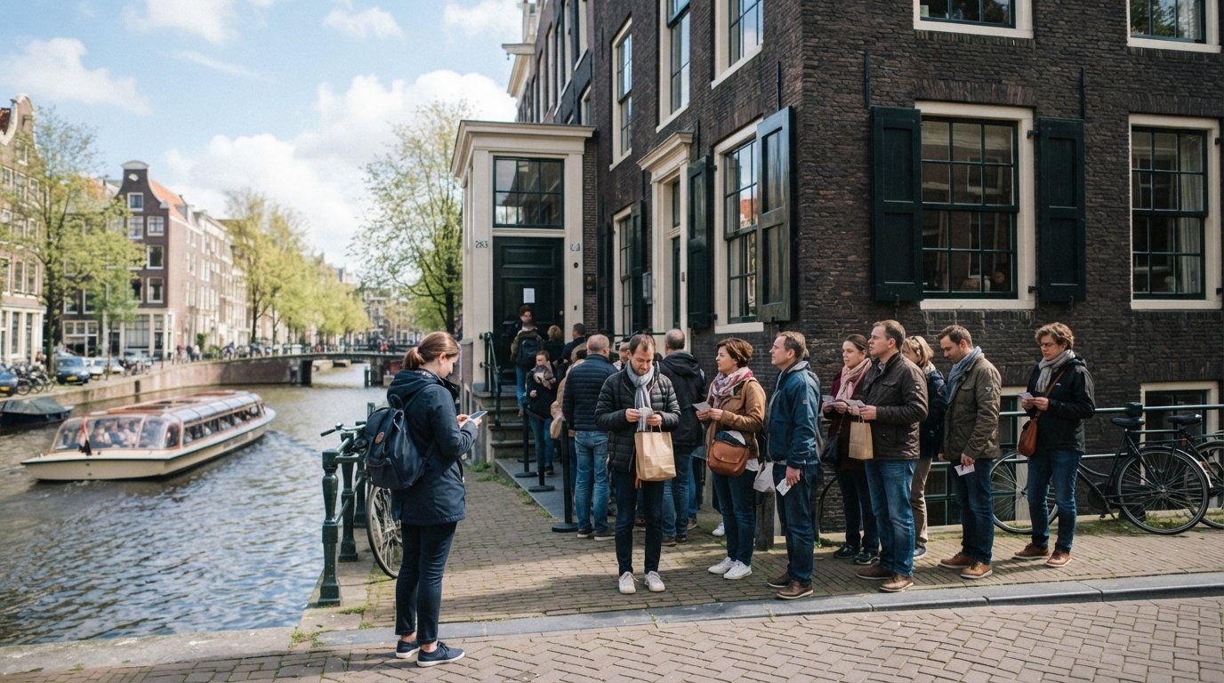 el exterior de la Casa de Ana Frank en Prinsengracht 263-267, visitantes reunidos tranquilamente afuera en una luminosa mañana de Ámsterdam