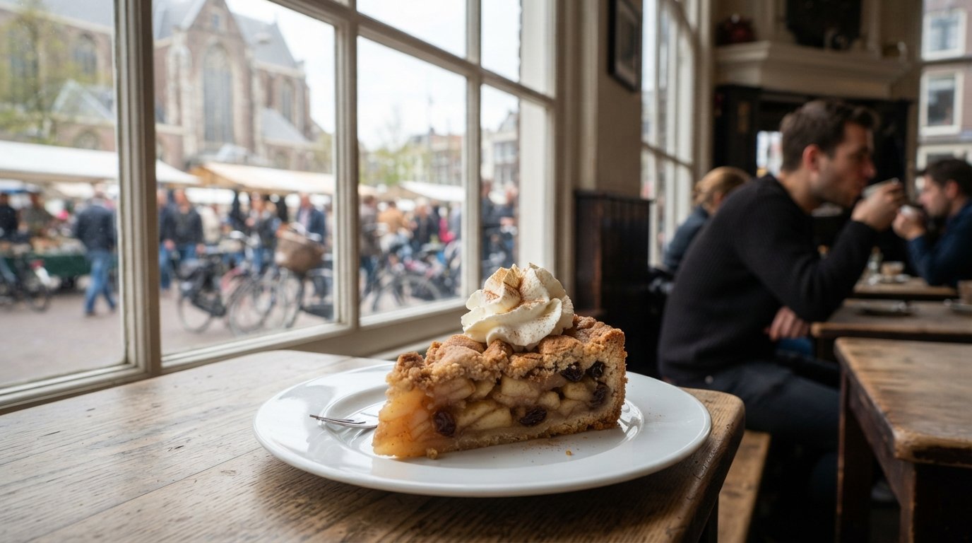una porción de appeltaart holandesa en Winkel 43 en el Noordermarkt, espeso relleno de manzana bajo nata montada en un plato blanco junto a la ventana del mercado