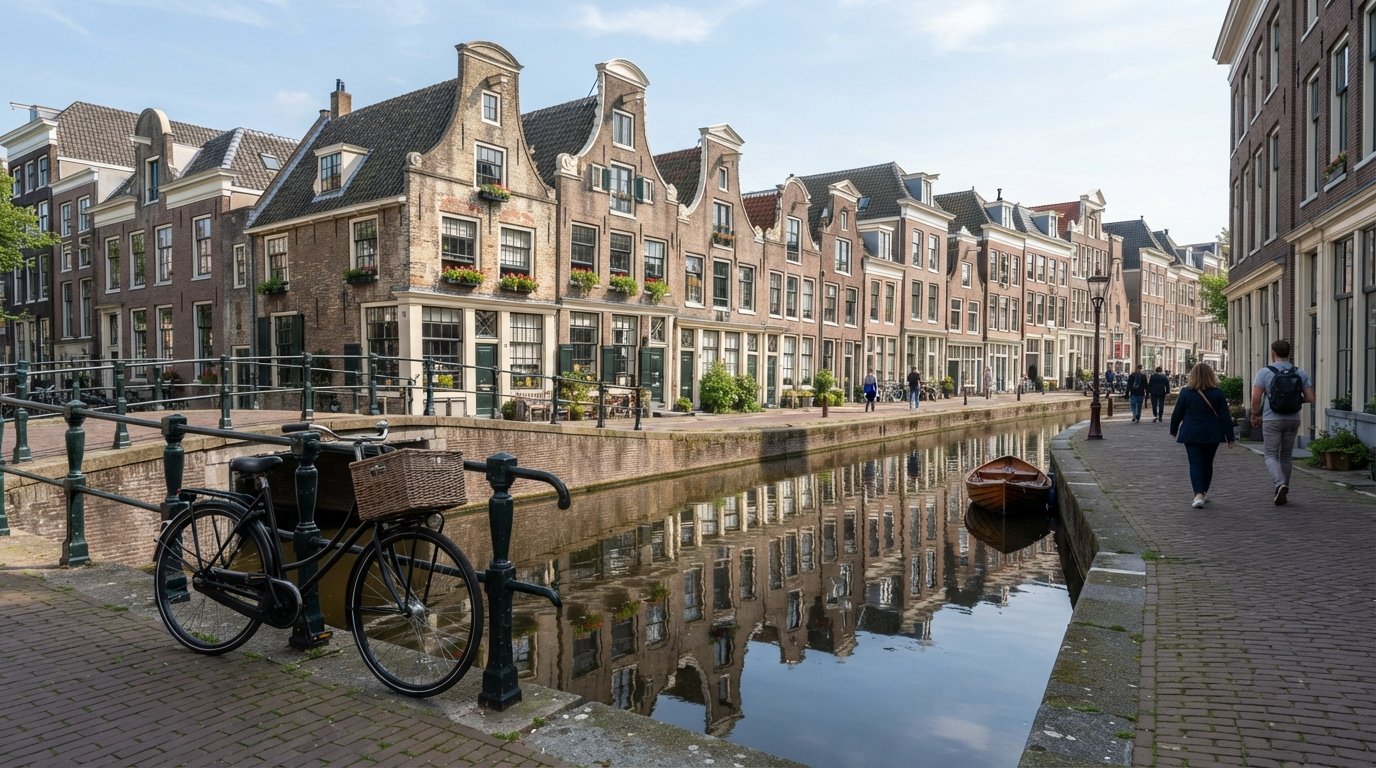 un tramo tranquilo del Bloemgracht con casas de hastiales escalonados reflejadas en el agua quieta, luz de media mañana y una bicicleta apoyada junto al puente
