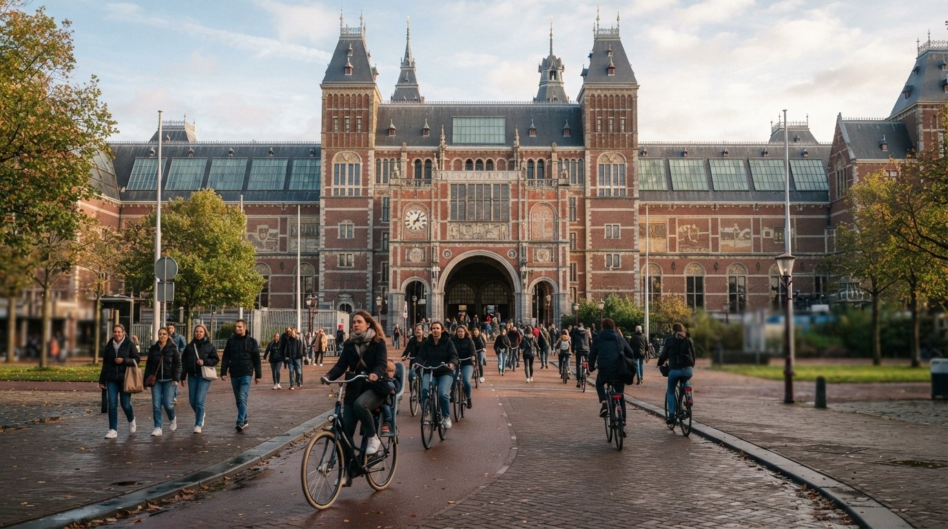 la fachada neogótica de ladrillo rojo del Rijksmuseum y su paso central vistos desde Museumplein con luz suave matutina, ciclistas y peatones cruzando el arco