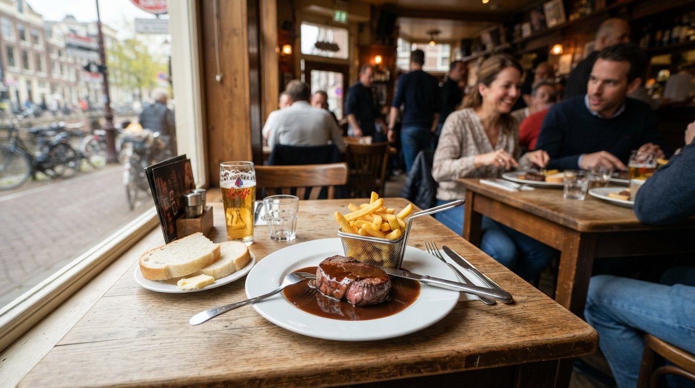 un filete de solomillo de Café Loetje en salsa casera brillante con pan blanco blando y patatas fritas en una mesa sencilla, el tipo de almuerzo sin complicaciones que ancla un día de museo