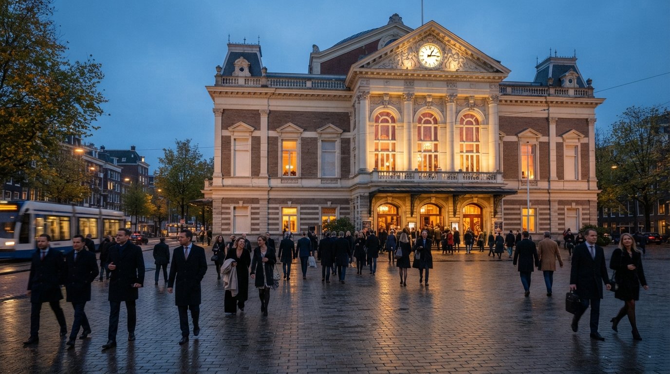 la fachada de piedra del Real Concertgebouw al atardecer con asistentes al concierto cruzando la plaza, luz cálida de ventanas y un ambiente tranquilo previo a la actuación