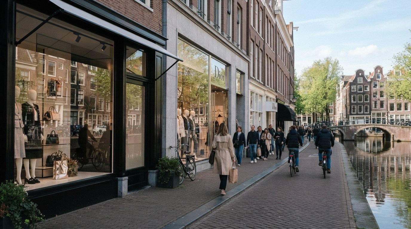 los escaparates inmaculados de lujo de P.C. Hooftstraat con ventanas de Chanel y Dior reflejando una tranquila tarde de Ámsterdam