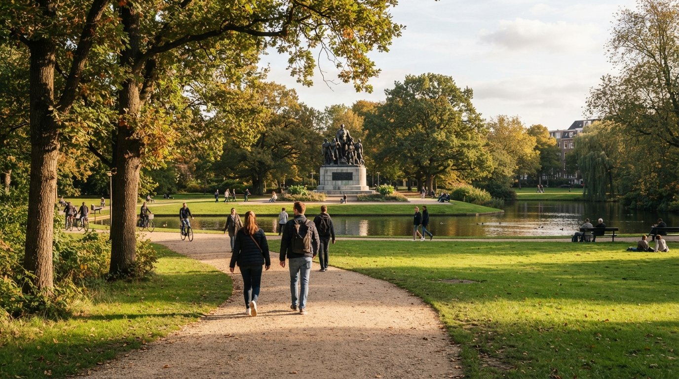 Oosterpark en Ámsterdam-Oost al atardecer, senderos sinuosos, estanques y el Monumento Nacional a la Esclavitud enmarcado por árboles y césped abierto