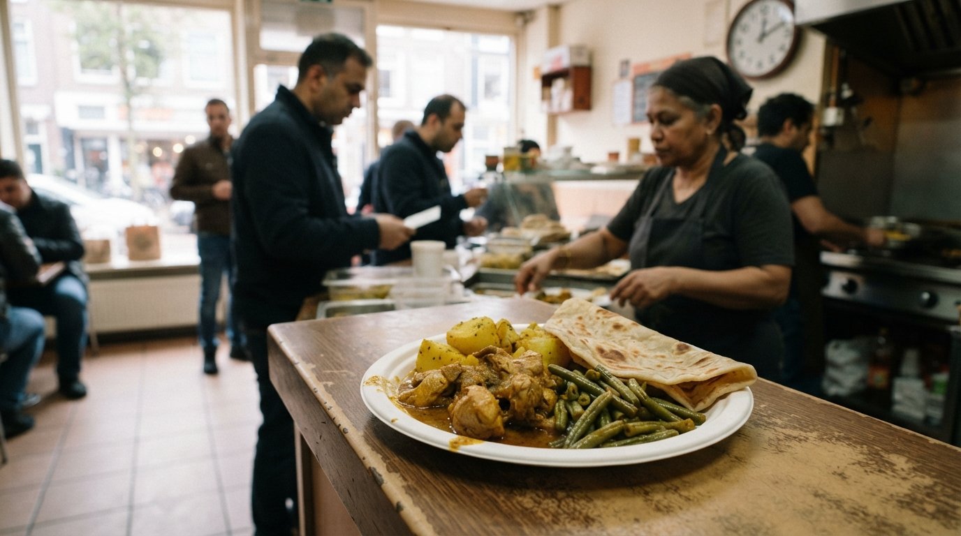 Roopram Roti en Eerste van Swindenstraat, un plato de roti para llevar con pollo al curry, papa y judías verdes en un mostrador local concurrido