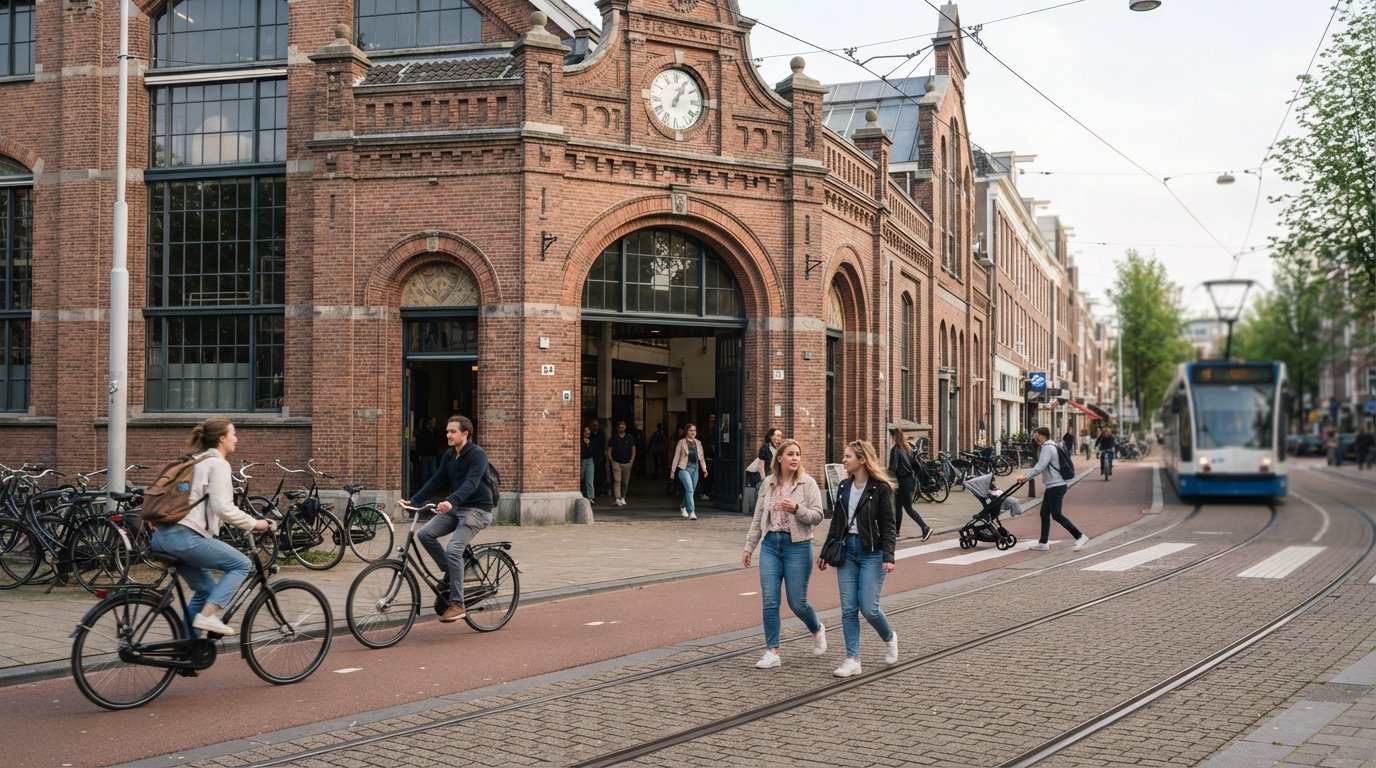 la fachada de ladrillo y la entrada de De Hallen en Oud-West, con ciclistas y peatones cruzando Kinkerstraat en la suave luz de la tarde