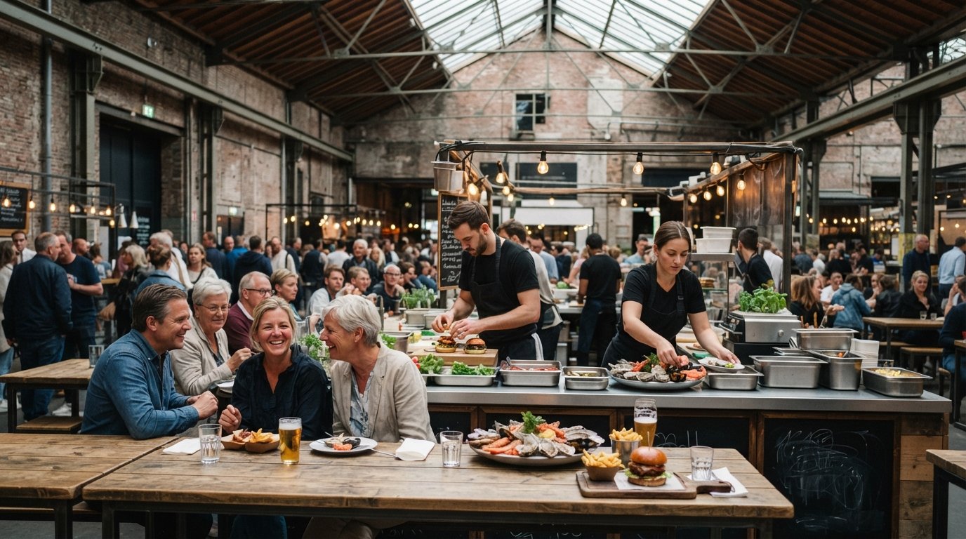 un mostrador concurrido del Foodhallen dentro de De Hallen, con hamburguesas, tablas de mariscos y mesas compartidas bajo el alto techo industrial de la cochera