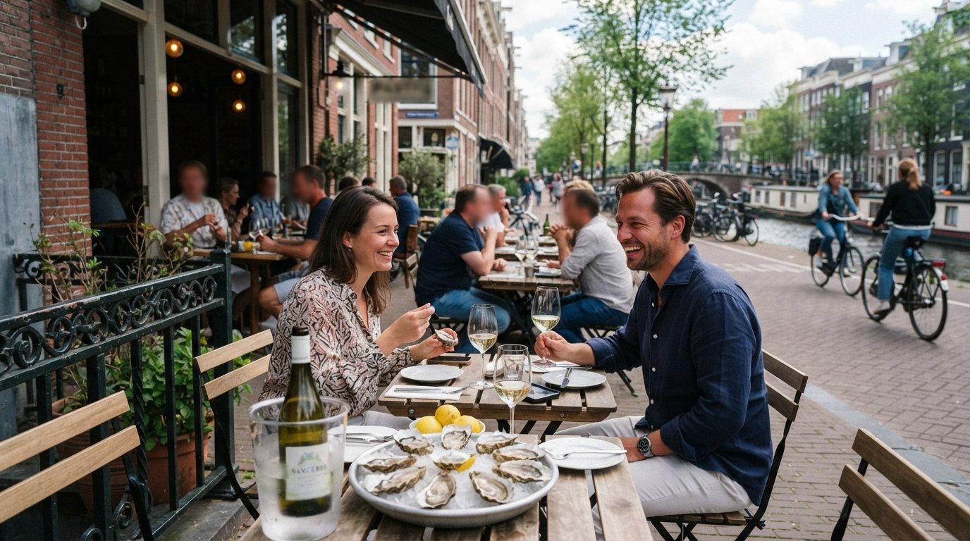 la terraza de Pastis en 1e Constantijn Huygensstraat, mesas preparadas para ostras y vino junto a la calle