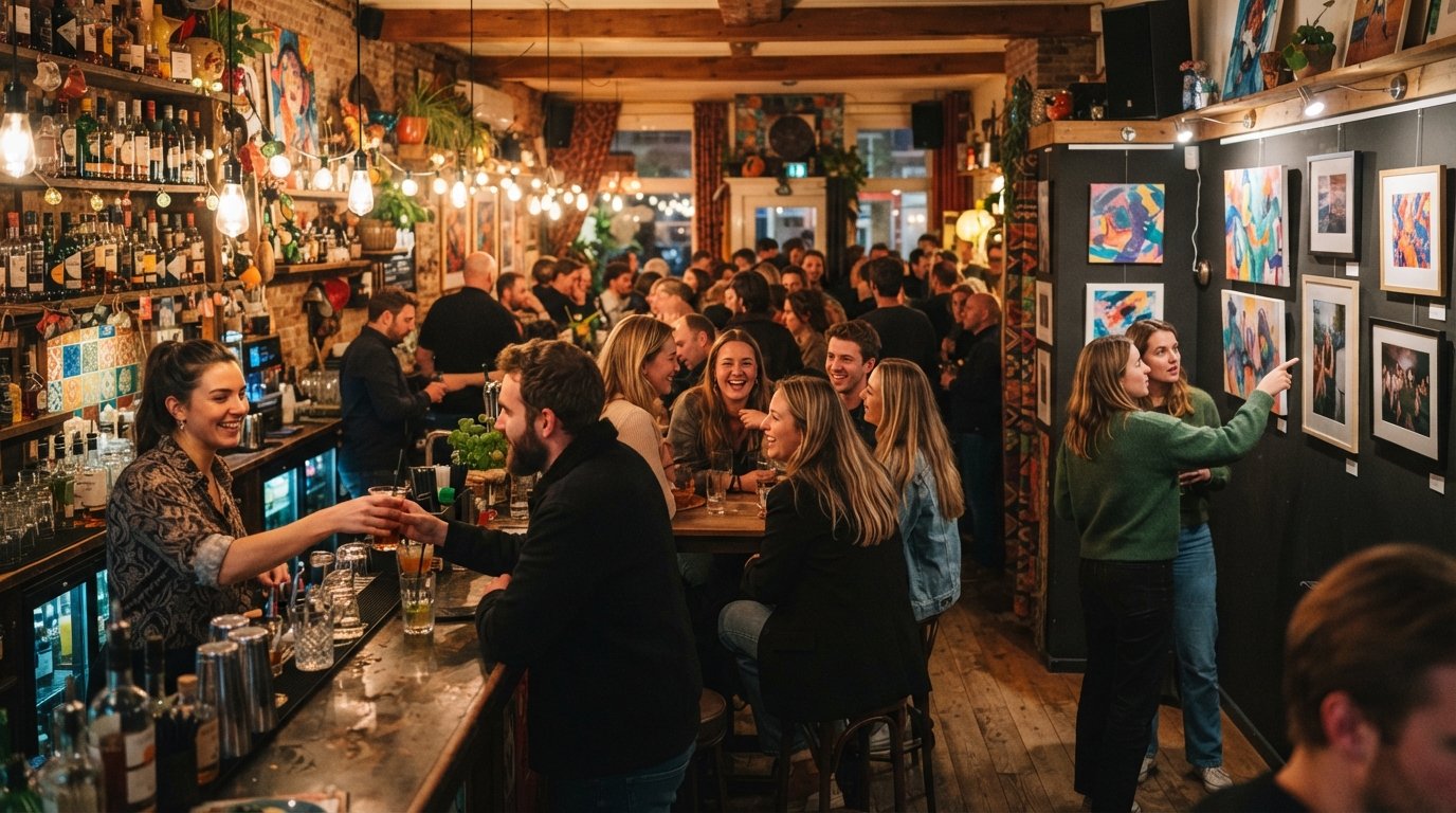 el acogedor espacio del bar Bar Bario con detalles coloridos, un pequeño rincón de galería y gente reunida para un evento nocturno