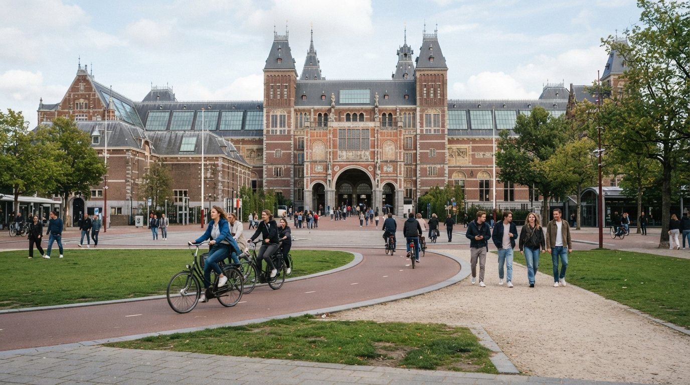 Museumplein en Ámsterdam-Zuid con los arcos de ladrillo del Rijksmuseum, ciclistas cruzando la plaza abierta y el césped del museo bajo una luz suave