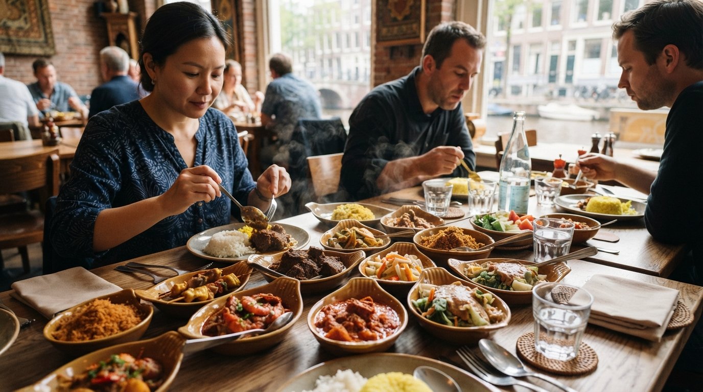 un rijsttafel ricamente servido en Restaurant Blauw con cuencos con forma de barco de rendang, belado de gambas, acar y gado gado sobre una mesa abarrotada