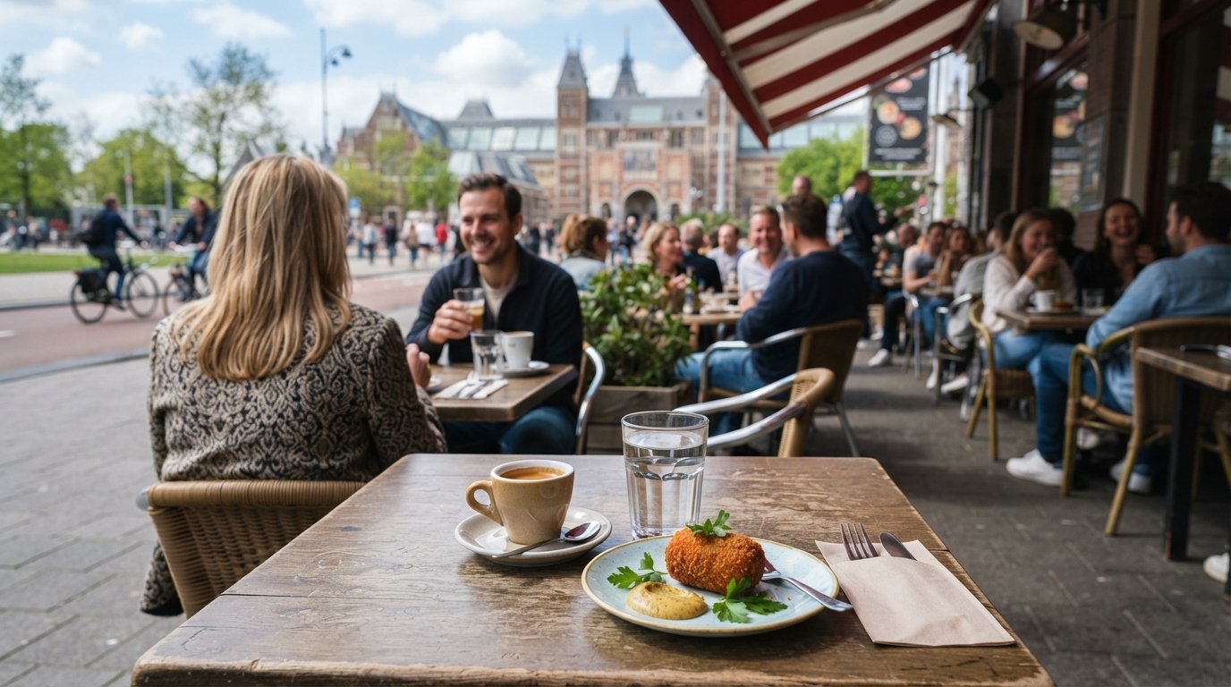 la terraza del Cobra Café que da a Museumplein en Hobbemastraat, con tazas de café y una croqueta de setas silvestres en primer plano